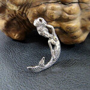Solid 925 Sterling Silver 3D Relaxing Nude Mermaid Slide Pendant, Sea Goddess